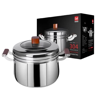 C&E 24cm Steamer Pot 304 Stainless Steel Composite Base Low-Sugar Rice Cooker with Beech Wood Handle (BPA Free, No FDA) - Silver