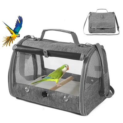 QS-130 Bird Carrier Bag 34 x 24.5 x 24cm Breathable Mesh with Perch for Birds Hamsters and Small Pets - Grey