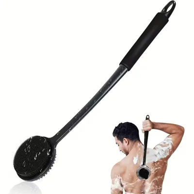 43cm Long Handle Double Sided Silicone + ABS Bath Brush Anti Slip Massage Scrubber with 8.9cm Brush Head for Shower Back Scrubbing - Black