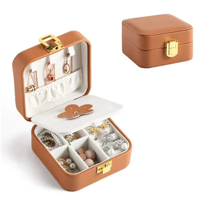 Ring Necklace Storage Box PU Leather Jewelry Case for Home Travel - Brown