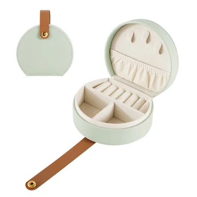 Portable PU Leather Jewelry Box Girls Earrings Organizer Case for Rings Necklaces - Light Green