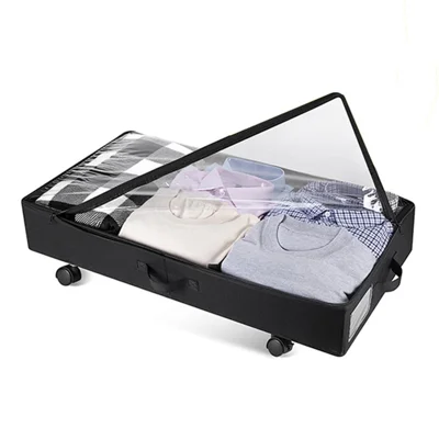 Non-woven+Oxford Cloth Under Bed Storage Bag with Wheels for Shoes Clothes Toys - Black