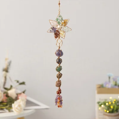 Colorful Natural Stone Seven-Color Crystal Hanging Decor Hand-Woven Lotus Dream Catcher Ornament