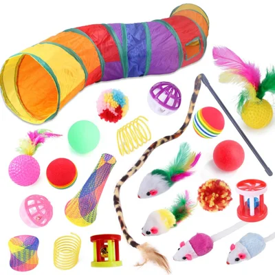 22Pcs / Set Cat Toys Set with Collapsible Tunnel Tube Interactive Cat Feather Toy Mouse Crinkle Balls