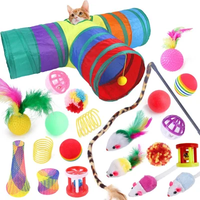 22Pcs / Set Cat Toys Set with T-Shaped Colorful Tunnel Interactive Cat Toy Feather Mouse Crinkle Balls