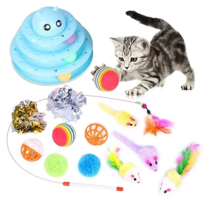 14Pcs / Set Cat Toys Set Interactive Cat Toys Catnip Teaser Wand Fluffy Mouse Turntable Crinkle Balls