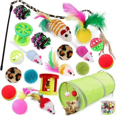 21Pcs / Set Cat Toys Set with Green Tunnel Interactive Cat Toy Feather Mouse Crinkle Balls