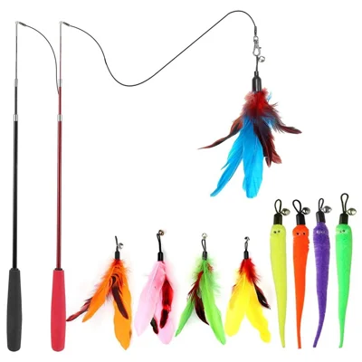 10Pcs / Set Pet Cat Toy Colorful Feather Fishing Rod Caterpillar Bell Replaceable Head Cat Teaser Wand