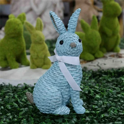 Rattan Effect Resin Rabbit with Bowknot Home Garden Children Room Ornament - Blue Sitting Position