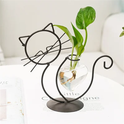 Sitting Cat-Shaped Iron Plant Holder Hydroponic Flower Vase Creative Ornament for Home Decor - Black