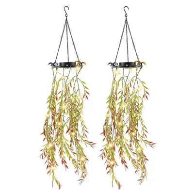 2Pcs Willow Leaves LED String Lights Outdoor Solar Hanging Artificial Plants Waterproof Fake Foliage Decor