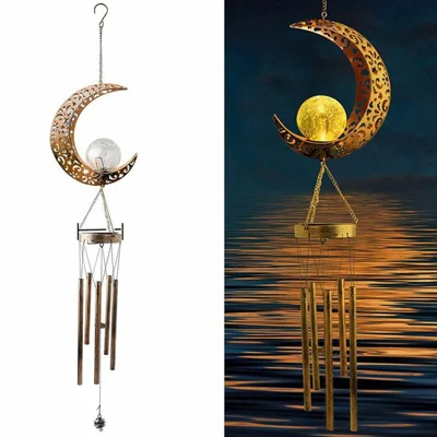 Solar Powered Wind Chime Moon Shape Iron Art Waterproof LED Decorative Outdoor Garden Hanging Light
