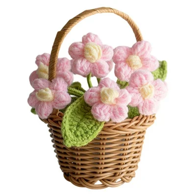 Handmade Crochet Flower Basket Knitted Flower Ornaments Artificial Plant Puff Flower Pot Desktop Decoration - Pink
