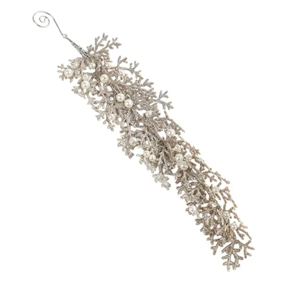 33cm Long Cedar Leaf Christmas Ornament with Faux Pearl Adorned Shimmer Xmas Tree Hanging Decoration - Champagne