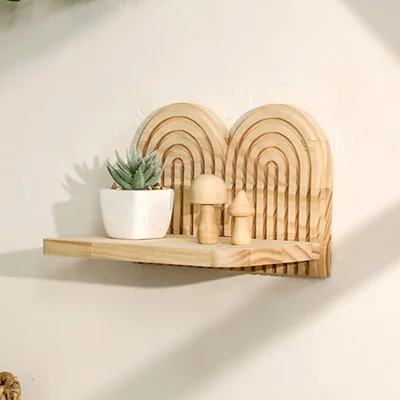 2-Layer Rainbow Arch Wooden Floating Shelf Wall Mount Flower Pot Rack for Home Decor - Wood Color