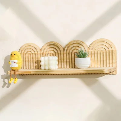4-Layer Rainbow Arch Wooden Floating Shelf Wall Mount Flower Pot Rack for Home Decor - Wood Color