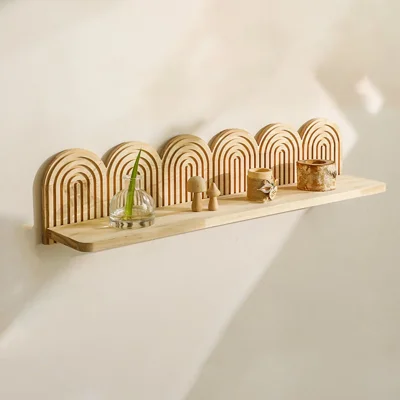 6-Layer Rainbow Arch Wooden Floating Shelf Wall Mount Flower Pot Rack for Home Decor - Wood Color