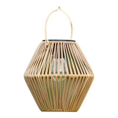 Solar Powered Wicker Lantern-Shaped Diamond Pattern Hanging Outdoor Garden Light Handcrafted Tungsten Bulb Camping Lamp