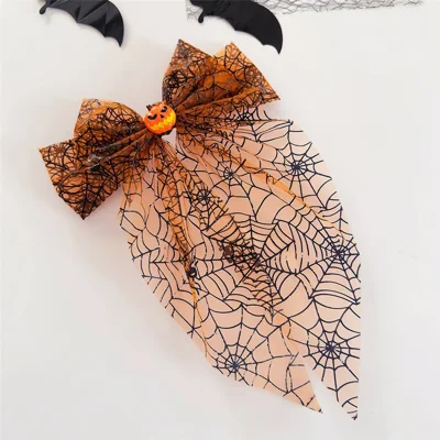 Halloween Mesh Bow Hair Clip French Barrette 17cm x 30cm Polyester Hair Accessories Clip for Party Costume - Pumpkin+Mesh Spiderweb