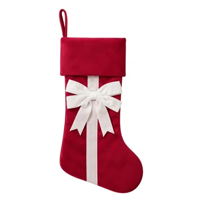 46x25cm Velvet Bow Christmas Stocking Large Capacity Hanging Fireplace Decor Gift Bag - Red