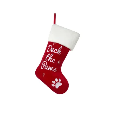 Santa Claus Sock Embroidered Christmas Gift Bag for Xmas Tree Hanging Ornament White Plush Trim with Paw Print Pattern