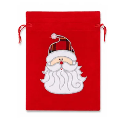 Size S 25x30cm Pleuche Drawstring Christmas Gift Bag Embroidered Design for Holiday Candy Apple Wrapping - Santa Claus