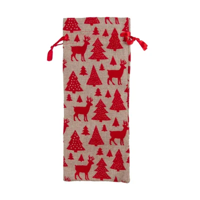 Christmas Linen Wine Bottle Bag Drawstring Pouch 34.5x14.5cm for 750ml Wine Bottle Festive Table Decor - Deer Tree