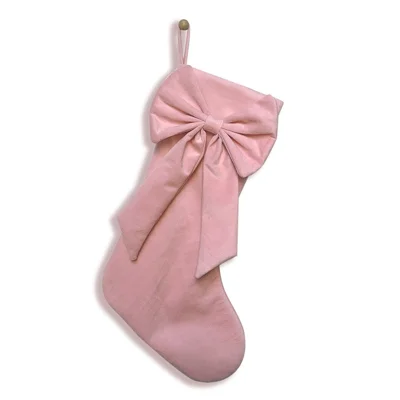 Meia de Natal em Veludo com Laço, Decoração de Natal, Meia para Lareira - Rosa