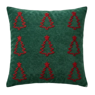 Capa de Almofada de Árvore de Natal 45 x 45 cm, Bordado 3D, Veludo Chenille, Lavável na Máquina, Decoração de Casa - Árvore de Natal Vermelha