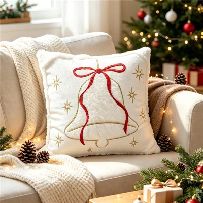 Capa de Almofada 45 x 45 cm Macia em Pelúcia com Bordado 3D para Decoração de Natal - Sino Branco