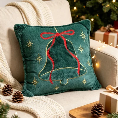 45 x 45 cm Weihnachts-Kissenbezug mit 3D-Stickerei, verdeckter Reißverschluss, Quaste für Wohnzimmerdekoration - Grüne Glocke