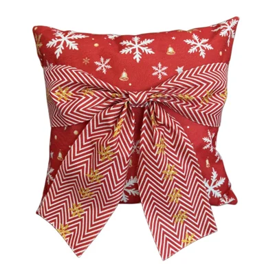 Capa de Almofada 45 x 45 cm em Linho Falso com Laço 3D, Estampa de Neve e Flores de Natal, para Sofá