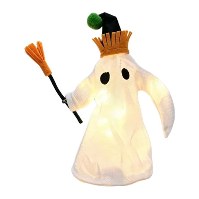 Leuchtende Stoff-Gespenst-Dekoration mit spitzen Hut und Besen, warmes LED-Licht, Halloween-Dekoration für Party-Tischdeko - wie abgebildet