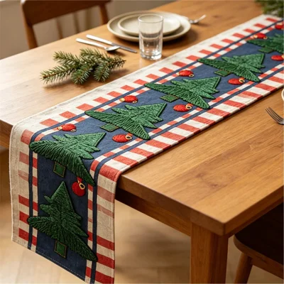 33 x 180cm Caminho de Mesa Bordado de Natal em Linho Falso Decoração para Mesa de Jantar - JIAX185-1