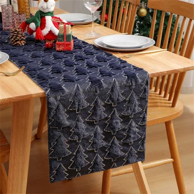 33 x 183cm Caminho de Mesa em Poliéster Acolchoado com Árvore de Natal 3D, Decoração para Festas e Refeições de Natal - Azul Marinho