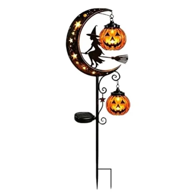 17 x 80cm Solar Pumpkin Ground Stake Light with Dual Pumpkin Lamps Crescent Moon Halloween Decoration - Witch