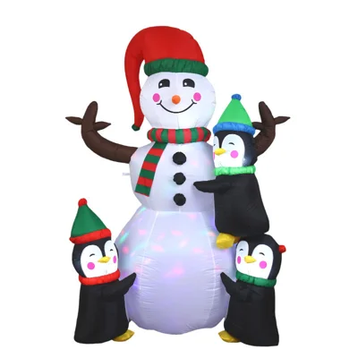 Boneco de Neve Inflável de Natal 136 x 193 cm com 3 Pinguins, Decoração com LED Multicolorido para Eventos Exteriores - Tomada UE