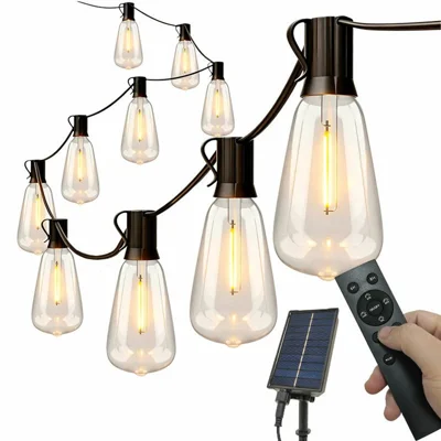 ST38 30m Solar String Lights, 50 Bulbs + 2 Spare, Remote Dimming, Timer, IP44 Waterproof, E12 Replaceable Bulbs for Patio Camping