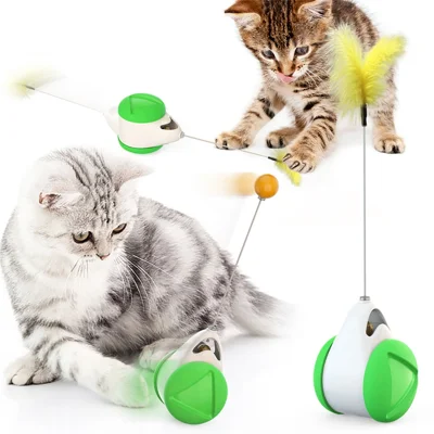 FSC-01 Interactive Cat Ball Toys Gift with Feathers Tumbler Cat Moving Toys Funny Exercise Kitten Teaser Toys for Indoor Cats - Green / White