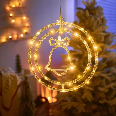 IP68 Waterproof Dual Ring Christmas Light Gift Window Decoration with Remote Control - Warm White+Bell