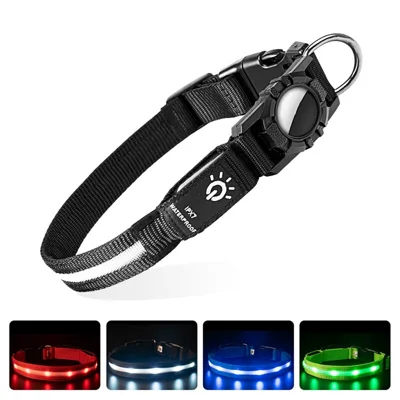 LED Light Nylon Pet Dog Neck Collar Gift with Protective Cover for AirTag Tracker (CE Certified) - White Light / S