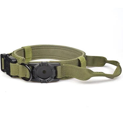 Tactical Dog Collar Nylon Adjustable Pet Collar Gift with Control Handle and Protective Cover for AirTag - Army Green / M