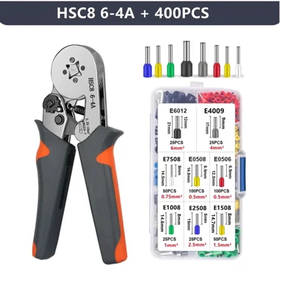 HSC8 6-4A مقابض تجعيد الفيرول مع 400 قطعة طرفيات، طقم إصلاح كهربائي موصل أسلاك