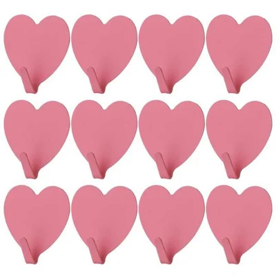 E711 12Pcs Iron Wall Mounted Hooks Heart-shaped Adhesive Hangers Decorative Hooks for Home Kitchen (with Adhesive Sticker) - Pink