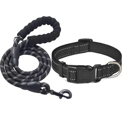 Soft Padded Reflective Nylon Adjustable Pet Dog Collar Gift with 1.5m Leash for Walking Training, Size M - Black