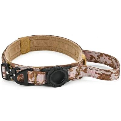 For AirTag Holder Dog Collar Tactical Nylon Adjustable Anti Escape Explosion Proof Pet Collar, Size XL - Desert Camouflage