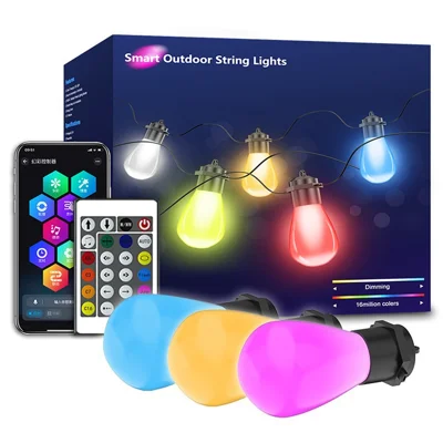 S14 Bluetooth-Compatible Smart Outdoor String Lights 12M 20 Bulbs RGBIC LED App and Voice Control