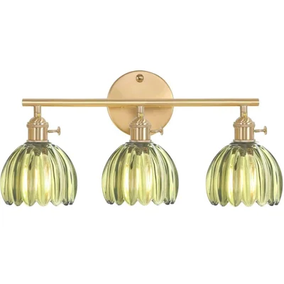Vintage Glass Wall Sconce Light 3-Head Flower Shade E26 LED Bulbs Nordic Style Bathroom Vanity Light - Gold  /  Green Cover