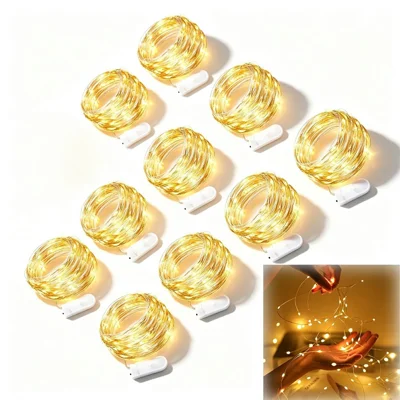 10Pcs Button Battery Operated Copper Wire String Lights 2m 20-LED Fairy Lamp for DIY Decoration - Warm White