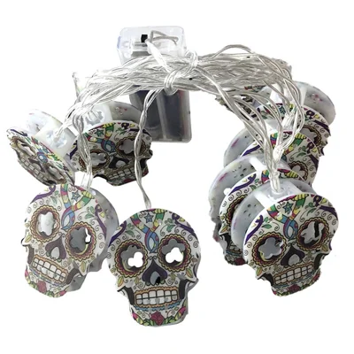 Guirlande lumineuse de 1,5 m, 10 LED, crâne peint, lumière chaude, décoration d'Halloween et de fête